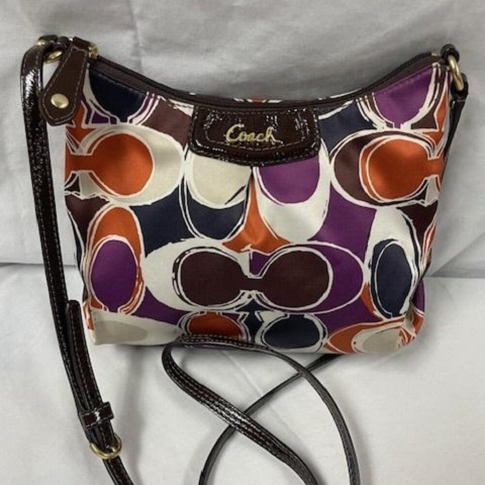 Coach Vintage Signature Monogram Crossbody Bag, Purse in Orange and Purple
